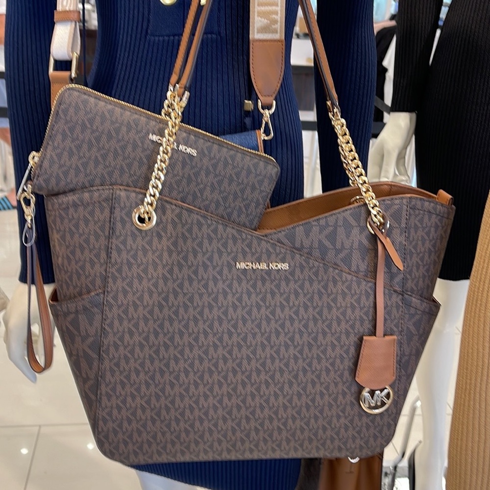 MICHAEL KORS LG X CHAIN SHOULDER TOTE &  JST Large Travel CONTINENTAL Wallet - Picture 14 of 16
